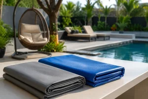PVC and HDPE tarpaulin fabrics beside a swimming pool