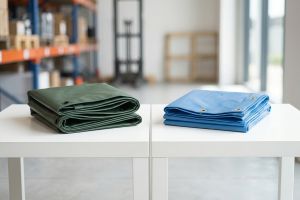 A folded green heavy-duty PVC tarpaulin