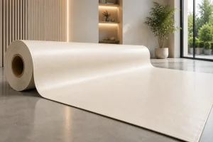 PVC coated fabric roll displayed in a modern showroom with premium industrial finish